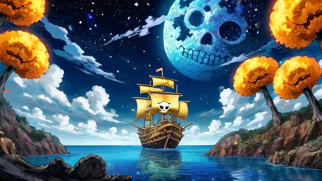 Prompt: an image of one piece anime   with this style and make at at night with stars and give it a fantasy vibe with some stary night by van gogh style not to much add alot of one piece reference amd some characters from the anime