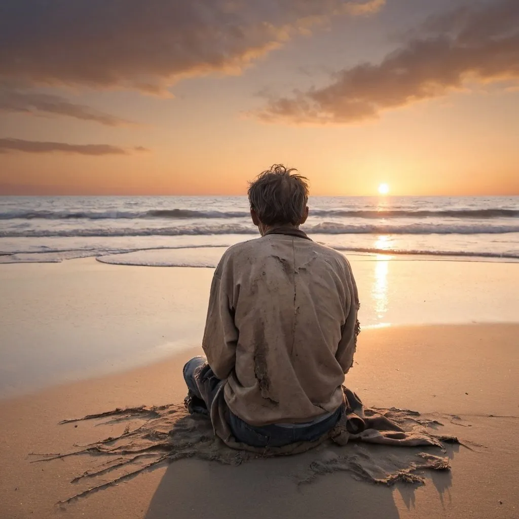 Prompt: The back of a stranded man with tattered clothes sitting on the sand watching the sunset 