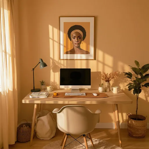 Prompt: An aesthetic home office workspace with warm lighting, modern decor,  Afrocentric art and cozy vibes — perfect for a creative entrepreneur. Styled flat lay, soft shadows, photorealistiic