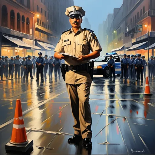 Prompt: (vibrant painting) of a (dedicated police officer) standing resolutely between bustling traffic, assisting the needy, apprehending a thief, meticulously writing an FIR, extending aid during floods, ensuring safety during festive celebrations, and conducting diligent night patrols, set against a lively urban backdrop, exuding a sense of (courage) and (commitment), with richly layered textures and (dynamic colors), evoking emotions of hope and responsibility.