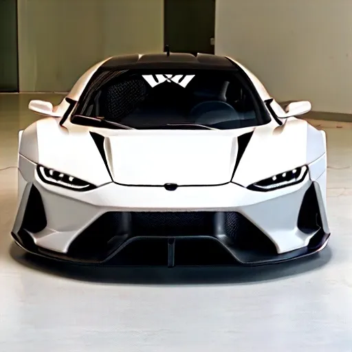 Prompt: Supercar, matte white with carbon fiber finish, Aerodynamic body, minimalist shape, modern body, fierce appearance, round and cute headlights, smiling bumper, View from the front left side