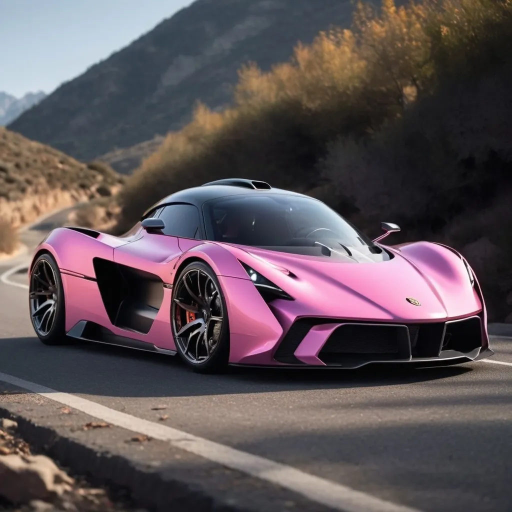 Prompt: Imagine a stunning hypercar with a sleek, aerodynamic silhouette,matte pink peachwith carbon fiber finish absorbing light while simultaneously reflecting the surrounding scenery in a captivating dance of shadows and highlights. The car's dynamic design features sharp lines and curves that flow seamlessly from front to back, emphasizing its high-performance capabilities.

The headlights resemble the piercing eyes of an Frog, with a distinctive shape that not only enhances visibility but also adds an element of intrigue to the car's front fascia. These intelligent lights illuminate the winding mountain roads ahead, cutting through the darkness with precision and grace.

As the hypercar navigates the serpentine paths of the mountains, the smiley bumper adds a playful touch to its fierce appearance, creating a unique personality that sets it apart from other vehicles. The combination of high-quality materials and meticulous craftsmanship is evident in every detail, from the carbon fiber accents to the intricate wheel designs.

With the sun setting behind the mountains, the car’s presence is both commanding and elegant, embodying the spirit of adventure and the thrill of the open road. This hypercar is not just a mode of transportation; it’s a masterpiece of engineering and design, ready to conquer any challenge it faces.