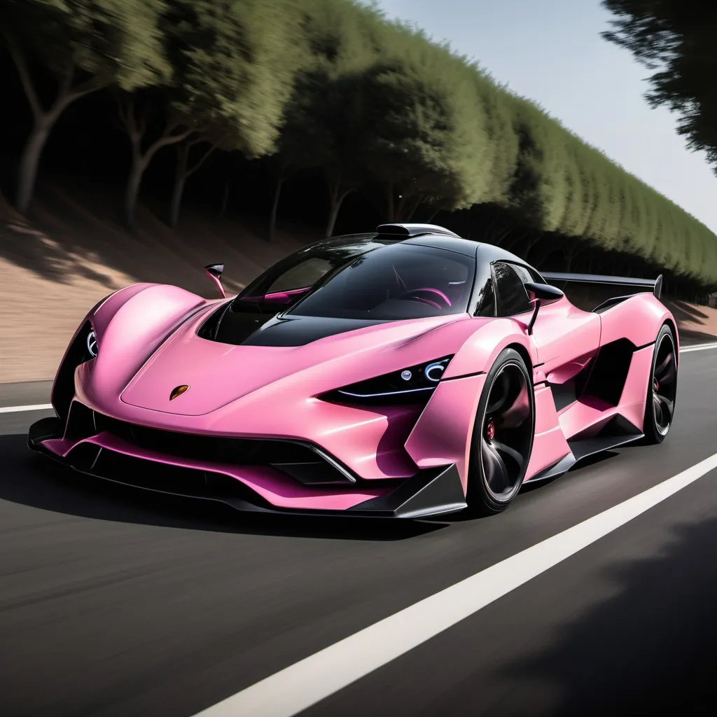 Prompt: Imagine a stunning hypercar with a sleek, aerodynamic silhouette,matte pink peachwith carbon fiber finish absorbing light while simultaneously reflecting the surrounding scenery in a captivating dance of shadows and highlights. The car's dynamic design features sharp lines and curves that flow seamlessly from front to back, emphasizing its high-performance capabilities.

The headlights resemble the piercing eyes of an Frog, with a distinctive shape that not only enhances visibility but also adds an element of intrigue to the car's front fascia. These intelligent lights illuminate the winding mountain roads ahead, cutting through the darkness with precision and grace.

As the hypercar navigates the serpentine paths of the mountains, the smiley bumper adds a playful touch to its fierce appearance, creating a unique personality that sets it apart from other vehicles. The combination of high-quality materials and meticulous craftsmanship is evident in every detail, from the carbon fiber accents to the intricate wheel designs.

With the sun setting behind the mountains, the car’s presence is both commanding and elegant, embodying the spirit of adventure and the thrill of the open road. This hypercar is not just a mode of transportation; it’s a masterpiece of engineering and design, ready to conquer any challenge it faces.