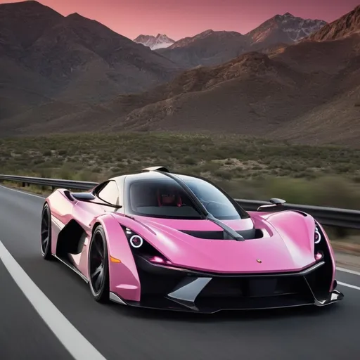 Prompt: Imagine a stunning hypercar with a sleek, aerodynamic silhouette,matte pink peachwith carbon fiber finish absorbing light while simultaneously reflecting the surrounding scenery in a captivating dance of shadows and highlights. The car's dynamic design features sharp lines and curves that flow seamlessly from front to back, emphasizing its high-performance capabilities.

The headlights resemble the piercing eyes of an Frog, with a distinctive shape that not only enhances visibility but also adds an element of intrigue to the car's front fascia. These intelligent lights illuminate the winding mountain roads ahead, cutting through the darkness with precision and grace.

As the hypercar navigates the serpentine paths of the mountains, the smiley bumper adds a playful touch to its fierce appearance, creating a unique personality that sets it apart from other vehicles. The combination of high-quality materials and meticulous craftsmanship is evident in every detail, from the carbon fiber accents to the intricate wheel designs.

With the sun setting behind the mountains, the car’s presence is both commanding and elegant, embodying the spirit of adventure and the thrill of the open road. This hypercar is not just a mode of transportation; it’s a masterpiece of engineering and design, ready to conquer any challenge it faces.