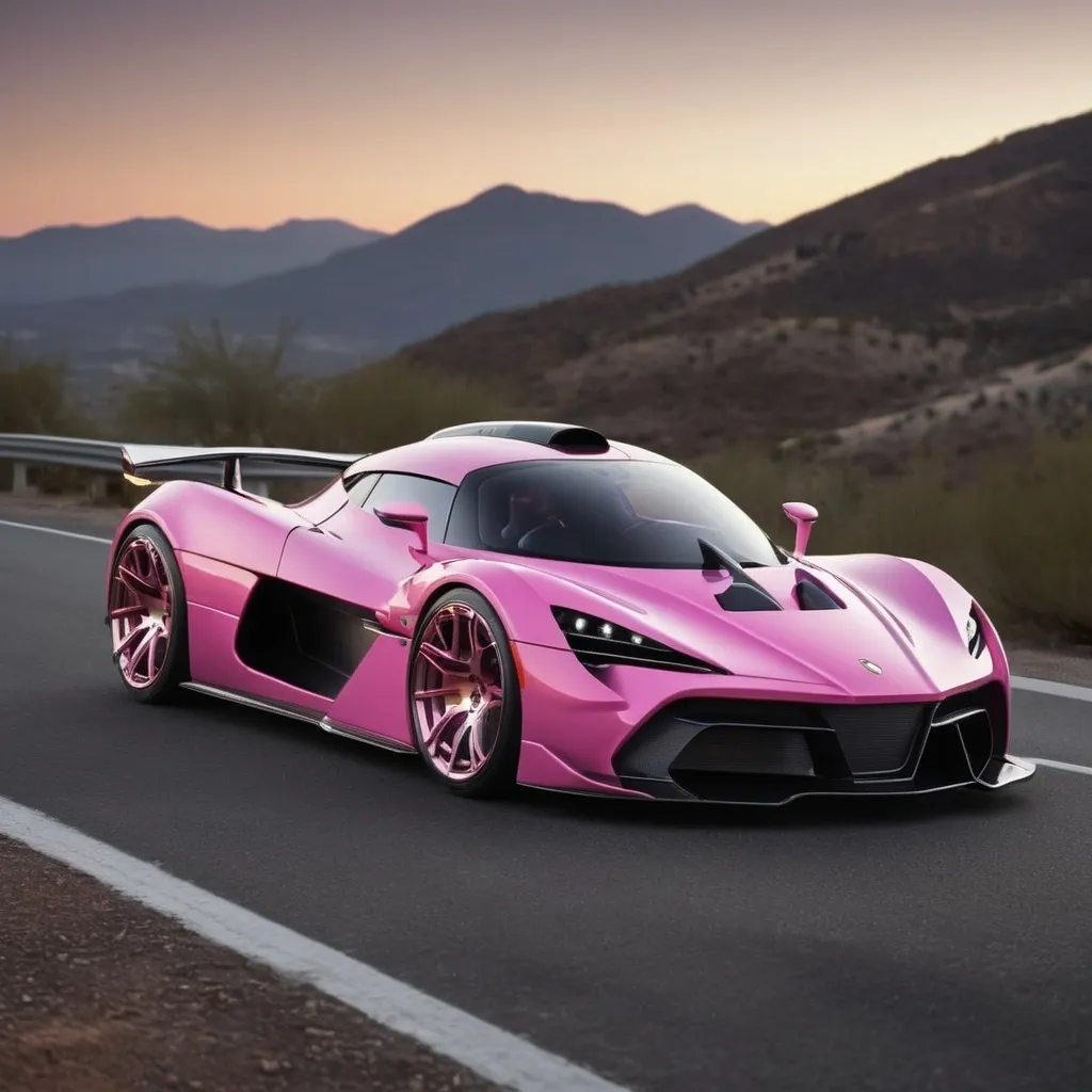 Prompt: Imagine a stunning hypercar with a sleek, aerodynamic silhouette,matte pink peachwith carbon fiber finish absorbing light while simultaneously reflecting the surrounding scenery in a captivating dance of shadows and highlights. The car's dynamic design features sharp lines and curves that flow seamlessly from front to back, emphasizing its high-performance capabilities.

The headlights resemble the piercing eyes of an Frog, with a distinctive shape that not only enhances visibility but also adds an element of intrigue to the car's front fascia. These intelligent lights illuminate the winding mountain roads ahead, cutting through the darkness with precision and grace.

As the hypercar navigates the serpentine paths of the mountains, the smiley bumper adds a playful touch to its fierce appearance, creating a unique personality that sets it apart from other vehicles. The combination of high-quality materials and meticulous craftsmanship is evident in every detail, from the carbon fiber accents to the intricate wheel designs.

With the sun setting behind the mountains, the car’s presence is both commanding and elegant, embodying the spirit of adventure and the thrill of the open road. This hypercar is not just a mode of transportation; it’s a masterpiece of engineering and design, ready to conquer any challenge it faces.