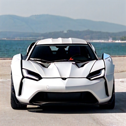 Prompt: Supercar, matte white with carbon fiber finish, Aerodynamic body, minimalist shape, modern body, fierce appearance, round and cute headlights, smiling bumper, View from the front left side