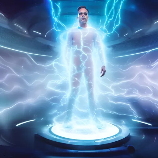 Prompt: A man in a white bodysuit inside the Quantum Leap futuristic podium accelerator chamber; blue light vortex tornado and blue lightning effects, time travel program