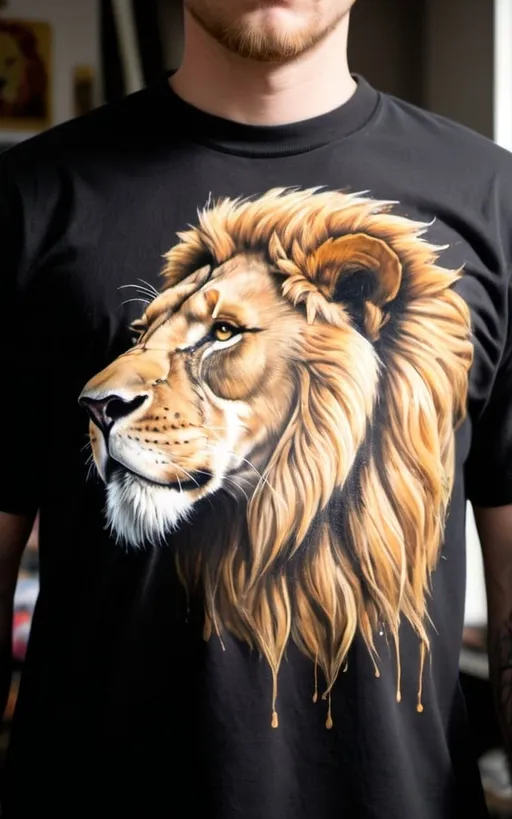 Prompt: a shirt with a lion's head painted on it's chest and chest, with the words suite up above it, Christian Hilfgott Brand, furry art, insane detail, an airbrush painting