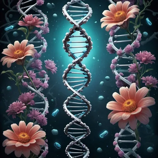 Prompt: detailed illustration of a biology book cover, DNA strands, flowers, human anatomy, biomechanical details, central empty space for title and author, high quality, detailed, futuristic, biology, DNA strands, professional, sci-fi, cool tones, atmospheric lighting