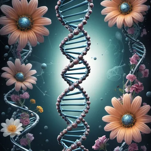 Prompt: detailed illustration of a biology book cover, DNA strands, flowers, human anatomy, biomechanical details, central empty space for title and author, high quality, detailed, futuristic, biology, DNA strands, professional, sci-fi, cool tones, atmospheric lighting