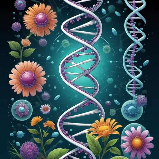 Prompt: detailed illustration of a biology book cover, DNA strands, flowers, human anatomy, plants, medicine, vaccines, viruses, healthy, biomechanical details, central empty space for title and author, high quality, detailed, futuristic, biology, DNA strands, professional, sci-fi, cool tones, atmospheric lighting