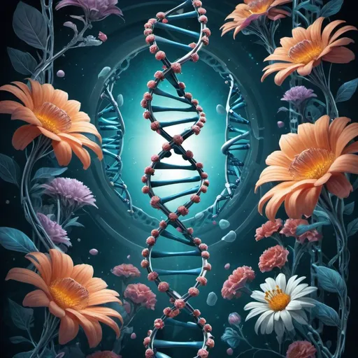 Prompt: detailed illustration of a biology book cover, DNA strands, flowers, human anatomy, biomechanical details, central empty space for title and author, high quality, detailed, futuristic, biology, DNA strands, professional, sci-fi, cool tones, atmospheric lighting