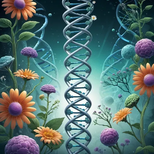 Prompt: detailed illustration of a biology book cover, DNA strands, flowers, human anatomy, plants, medicine, vaccines, viruses, healthy, biomechanical details, central empty space for title and author, high quality, detailed, futuristic, biology, DNA strands, professional, sci-fi, cool tones, atmospheric lighting