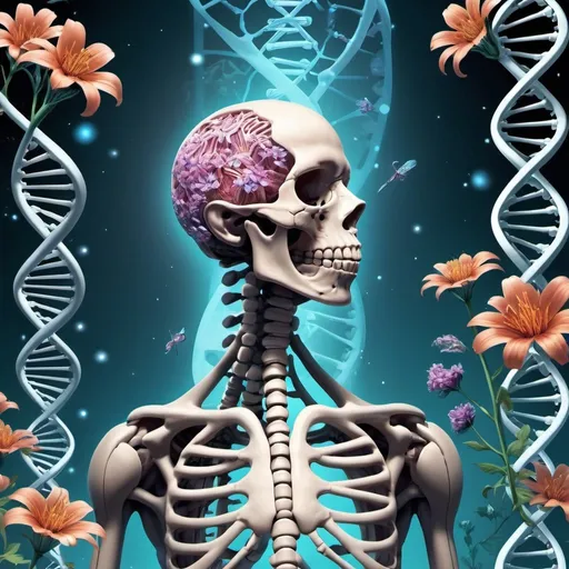 Prompt: detailed illustration of a biology book cover, DNA strands, flowers, human anatomy, respiratory sistem, tall the scences and bones and muscles, central empty space for title and author, high quality, detailed, futuristic, biology, DNA strands, professional, sci-fi, cool tones, atmospheric lighting