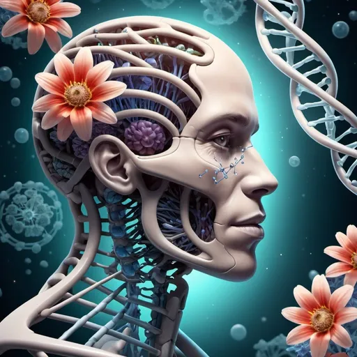 Prompt: detailed illustration of a biology book cover, DNA strands, flowers, human anatomy, biomechanical details, central empty space for title and author, high quality, detailed, futuristic, biology, DNA strands, professional, sci-fi, cool tones, atmospheric lighting