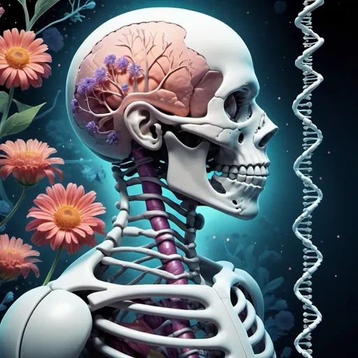 Prompt: detailed illustration of a biology book cover, DNA strands, flowers, human anatomy, respiratory sistem, tall the scences and bones and muscles, central empty space for title and author, high quality, detailed, futuristic, biology, DNA strands, professional, sci-fi, cool tones, atmospheric lighting