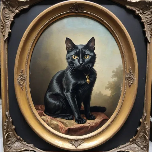 Prompt: oval frame, 1800's oil painting of a black cat with dresses