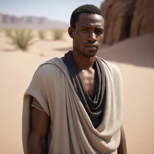 Prompt: photorealistic half length of a black male desert dweller wearing drapey clothes, detailed clothing, realistic, natural lighting, very realistic