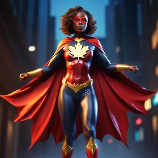 Prompt: Black female superhero, maple leaf chest symbol, vibrant colors and dynamic lighting, 4k, high-quality, powerful stance, flowing cape, intense expression, superhero costume, maple leaf emblem, vibrant colors, dynamic lighting