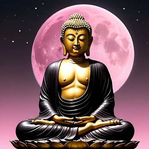 Prompt: Buddha golden figure in front of bright full moon, pink glow, serene expression, traditional art style, detailed black robes, spiritual aura, peaceful atmosphere, high quality, traditional art, serene, detailed black robes, pink glow, spiritual, peaceful atmosphere, full moon, moonlight, traditional, highres, ultra-detailed, calming, tranquil