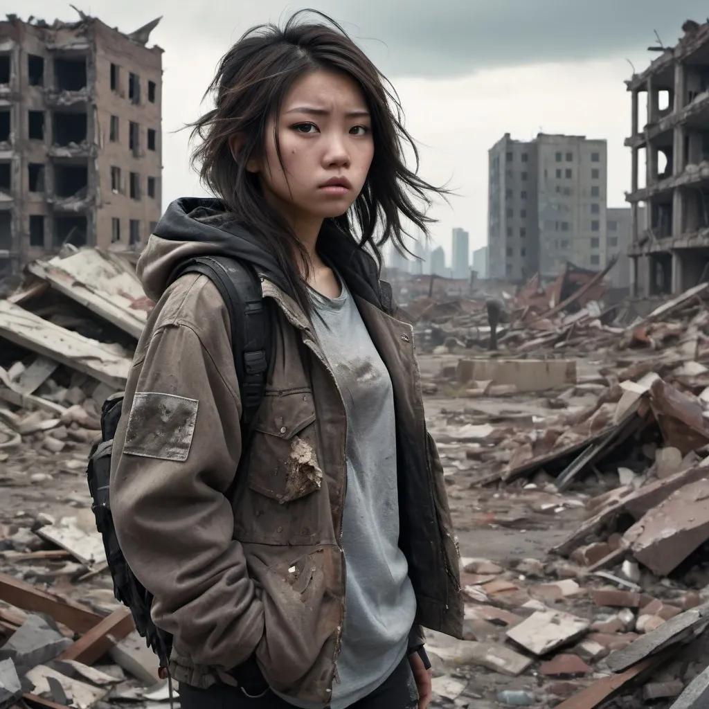 Prompt: Asian teenage girl with heavy jacket post apocalypse 