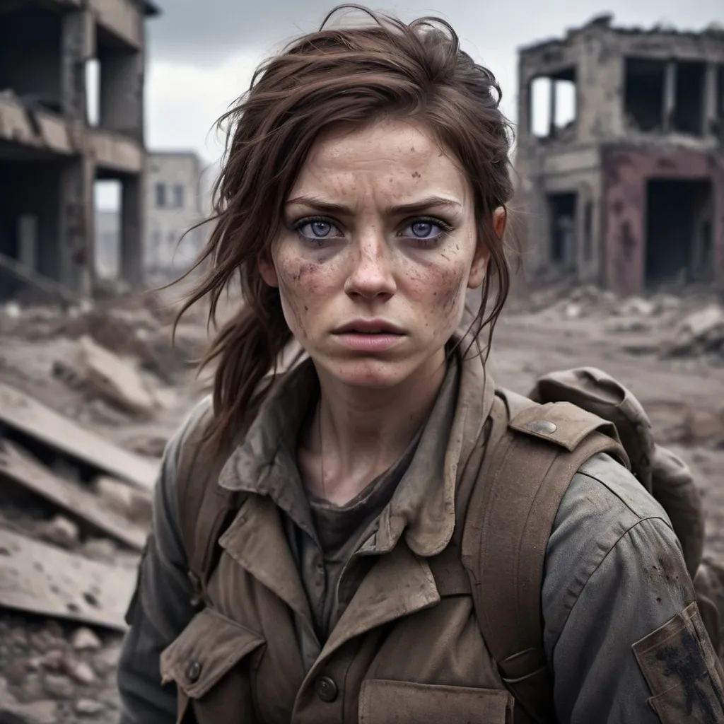 Prompt: Post apocalypse woman with brown hair and violet eyes soldier freckles