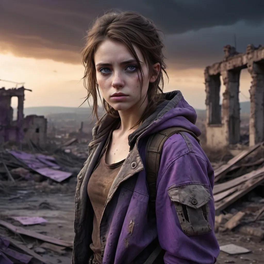 Prompt: Young woman brown hair violet eyes post apocalypse 