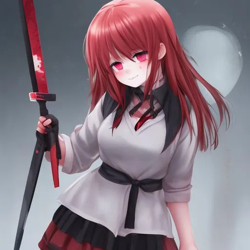 Prompt: Cute blushing and thick yandere girl with red hair and red eyes and a knife 