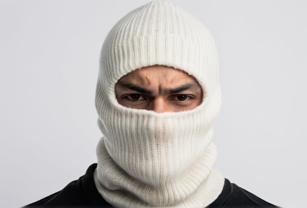 Prompt: Tattooed Latin man with gangsta profile in semi-profile looking at the camera with his head completely covered with only his eyes visible in a cold, white wool balaclava with no prints with the neck facing upwards.