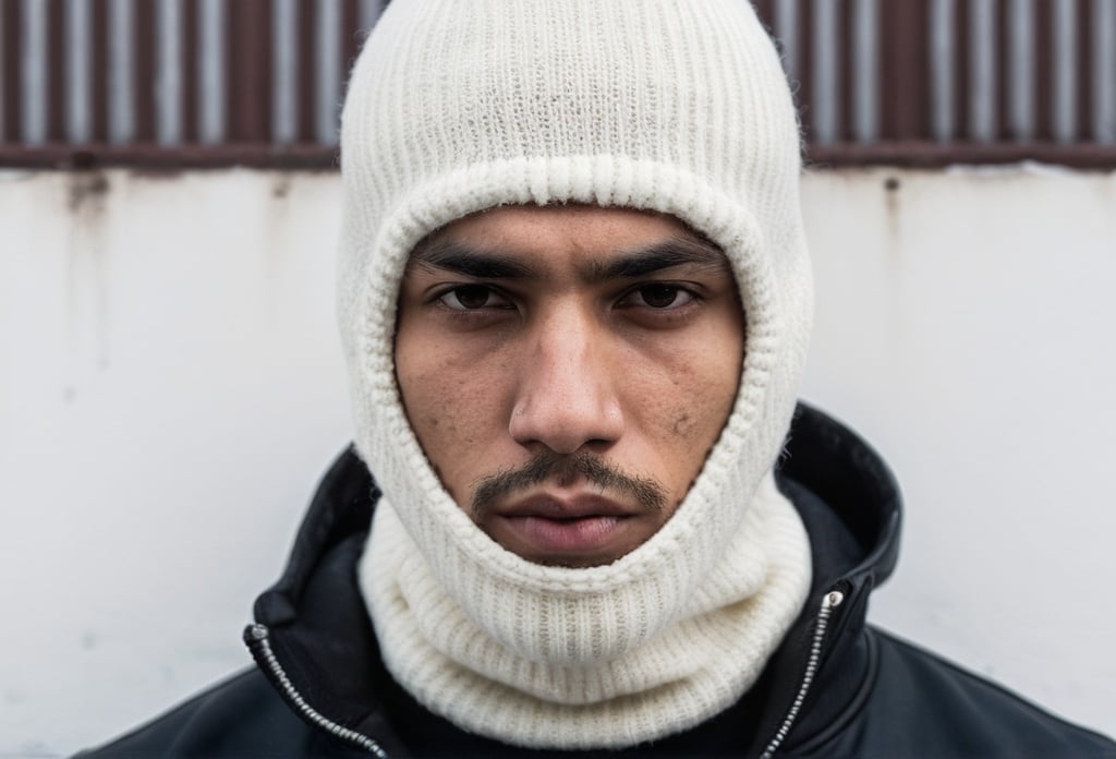 Prompt: Tattooed Latin man with gangsta profile in semi-profile looking at the camera with his head completely covered with only his eyes visible in a cold, white wool balaclava with no prints with the neck facing upwards.