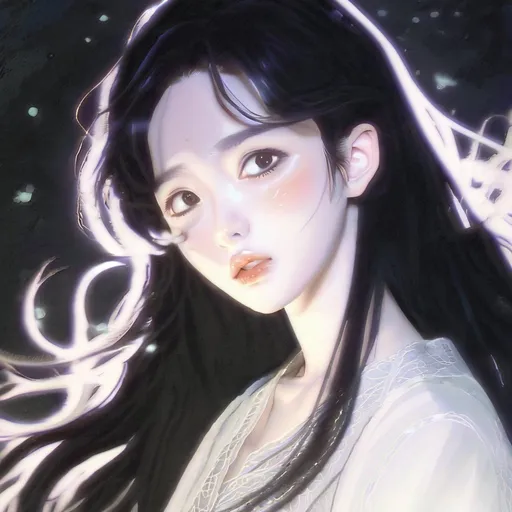 Prompt: Detailed anime illustration of a delicate girl with flowing black hair, soft and ethereal, high-quality, manga, fantasy, dark tones, delicate features, flowing hair, ethereal design, intricate details, atmospheric lighting