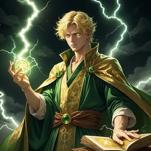 Prompt: tarot card Anime illustration, a golden-haired man, ornate golden cloth robes, dramatic lighting, green pupils that radiate lightning, spell book in one hand