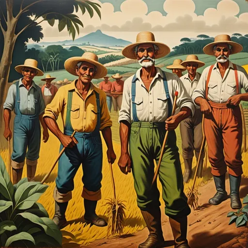 Prompt: vintage painting  of brazilian farmers with brish strokes