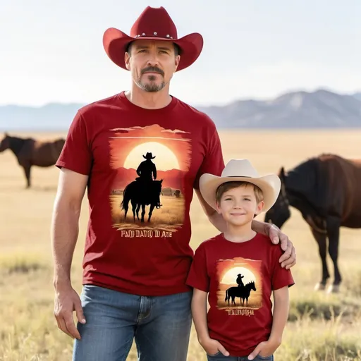 Prompt: Create an oversized red Bella and Canvas 3001 t-shirt mockup showcasing a dad and boy/son model wearing cowboy hats illuminated by soft natural light, set against a western prairie with cattle or horses