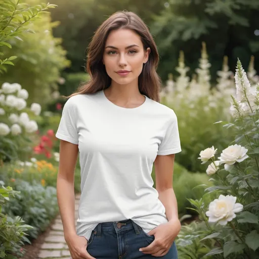 Prompt: create an image of a female with a light background in a garden wearing a blank white Bella Canvas 3501 shirt