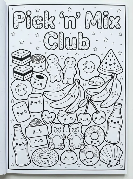 Prompt: Create colouring book image, A4, pick n mix club, add sweets, liquorice, jelly babies, eggs, watermelons, bananas, marshmallows, add cute little faces. Must be black and white for people to colouring, Must be engaging and cute themed.
