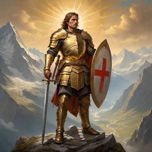 Prompt: Ancient Swiss warrior with a golden Swiss voulge, standing on top of the world, oil painting, detailed armor and weapon, epic fantasy, golden tones, majestic lighting, high quality, detailed landscape, heroic stance, ancient warrior, Swiss heritage, mountainous world, powerful and proud, atmospheric lighting