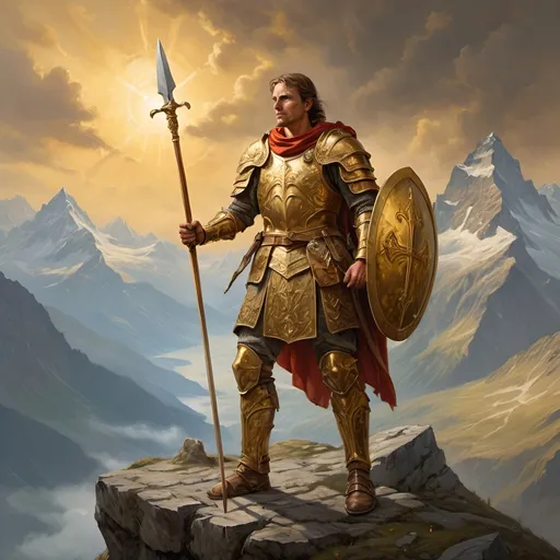 Prompt: Ancient Swiss warrior with a golden Swiss voulge, standing on top of the world, oil painting, detailed armor and weapon, epic fantasy, golden tones, majestic lighting, high quality, detailed landscape, heroic stance, ancient warrior, Swiss heritage, mountainous world, powerful and proud, atmospheric lighting