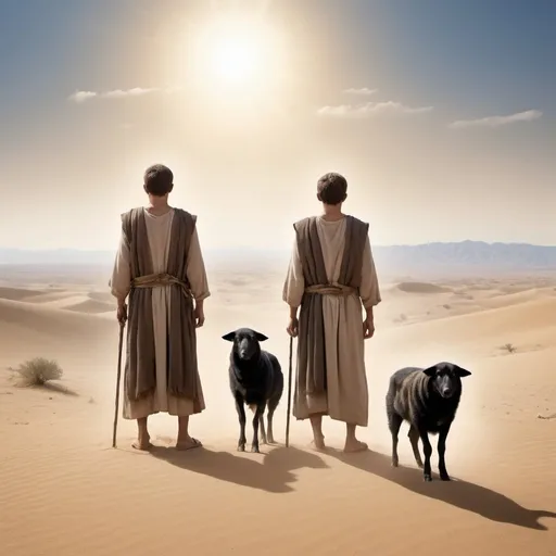 Prompt: Create for me a picture of two brothers standing in the desert, one of whom is crippled and dressed like Halkai the other is jealous of him and dressed like a shepherd twenty-nine years old in the background God gathers the gifts that the two brothers give