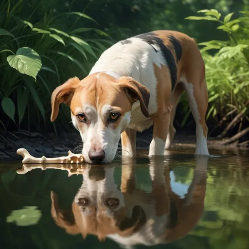 Prompt: There is a greedy dog, have bone in mouth, look shadow in the water loss the bon