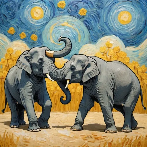 Prompt: create an elephant fighting another elephant in judo, make in the style of van Gogh