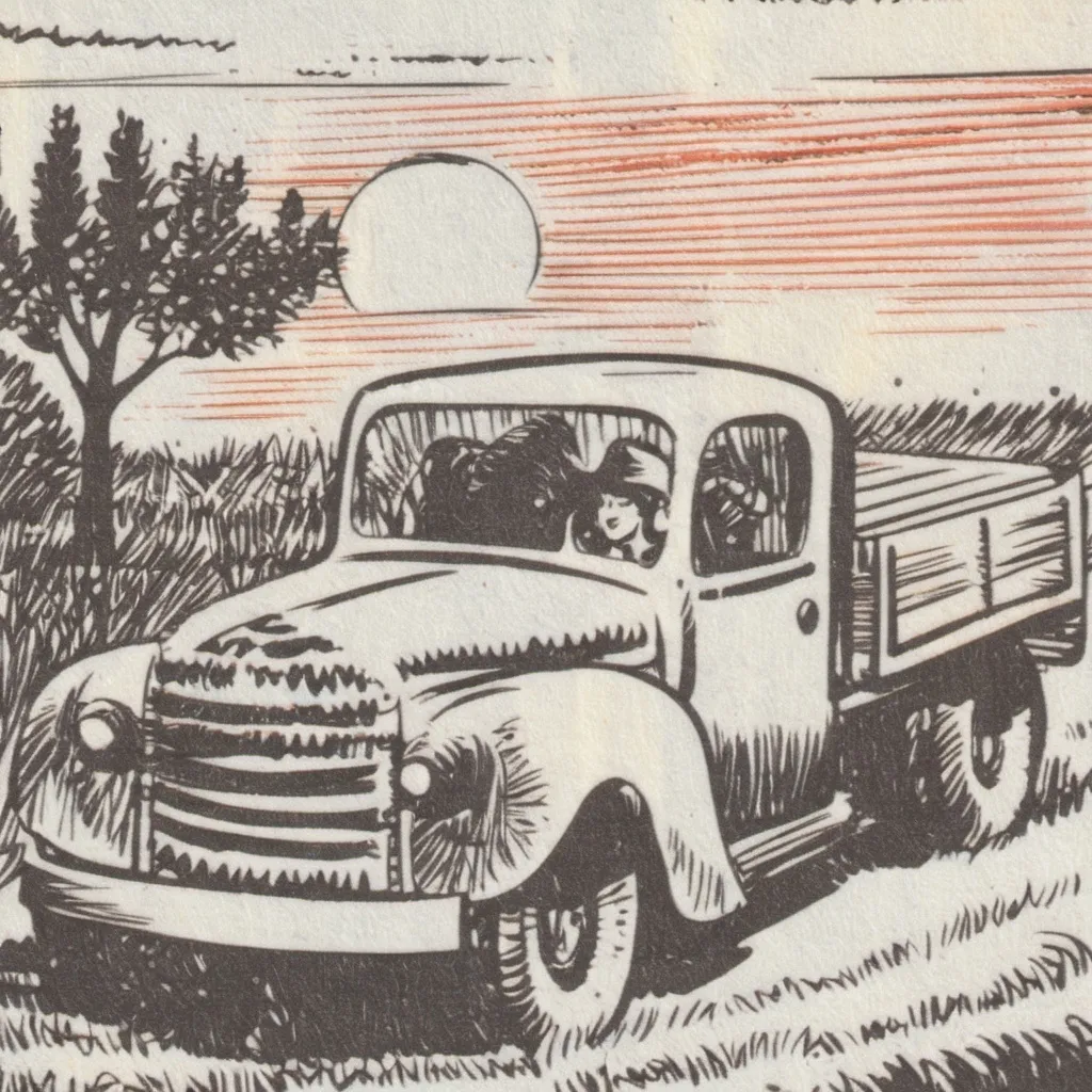 Prompt: make an old antique truck with a sunset in the background and a country dude in a old baseball cap and the words hillbillhood over the top in a circel around the image
 