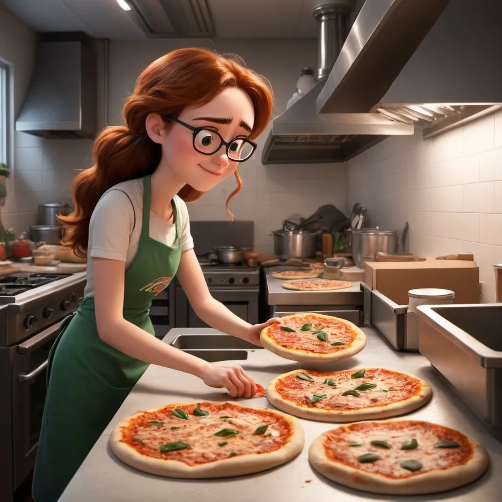 Prompt: a young lady so busy making a lot of pizzas in a busy kitchen, pixar style