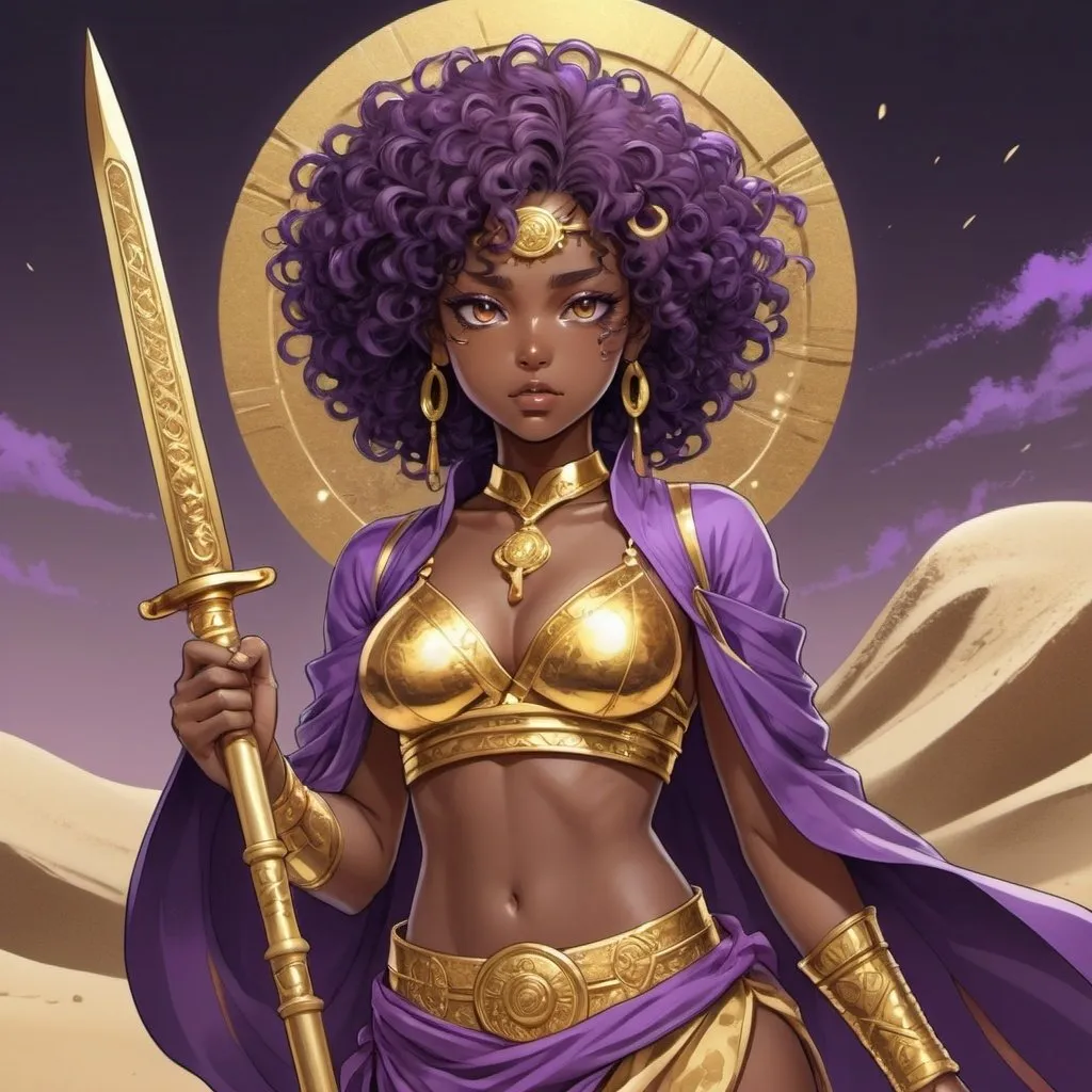 Prompt: Generate Japanese style 2D anime dark-skin woman with bushy curly hair eyes purple  who is a Sand Goddess wearing gold. Her weapons are also made of gold  manga style 