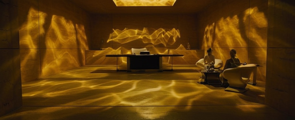 Prompt: id like a etherial picture like the one i uploaded, the water reflections on the walls of the blade runner 2049 movie, especially the waters reflection and the patterns of the wall made by the water