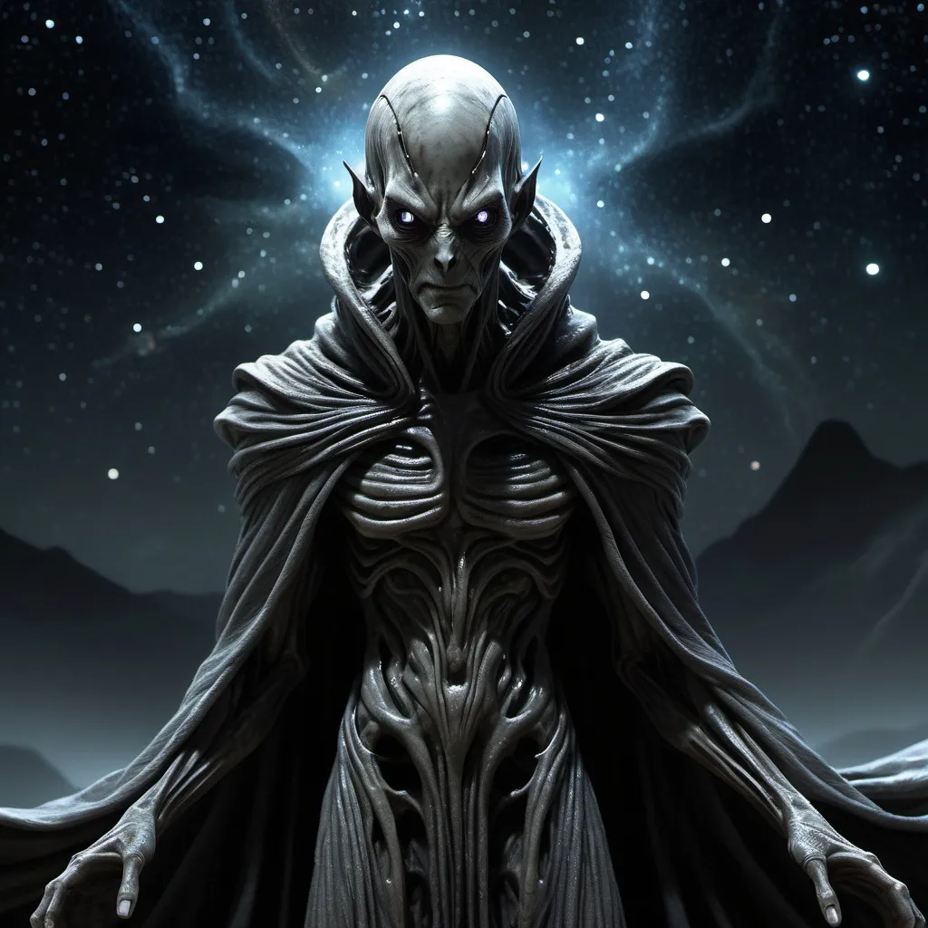 Prompt: (dark, evil supernatural character), an intricate and menacing figure, clad in tattered robes, an aura of malevolence, (dim lighting), ominous shadows emanating from the character, (science fiction novel theme), interstellar backdrop with distant starfields, whimsical alien landscapes, high-detail, ultra-detailed, dramatic atmosphere, captivates audience's imagination with a sense of foreboding intrigue.