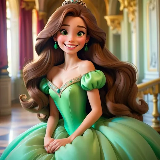 Prompt: Disney style princess with beutiful long brown hair and a big green ball gown happy smile, vibrant colors, inside a palace