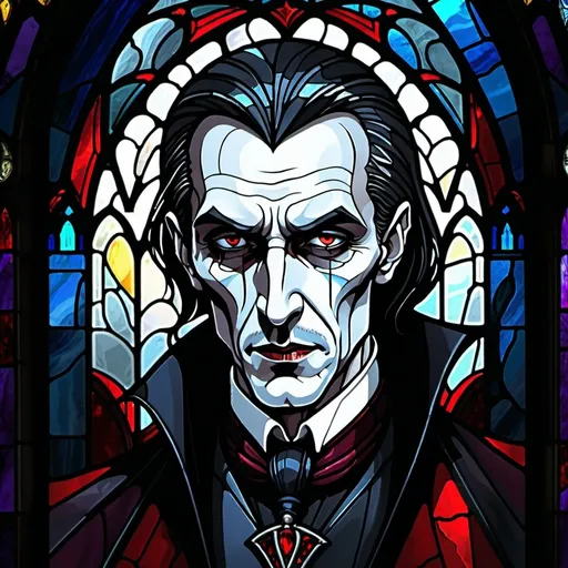 Prompt: Dracula being emo, stained-glass style, Gothic architecture in the background, high-quality, misc-stained glass, detailed facial features, dark atmosphere, sorrow, professional artwork