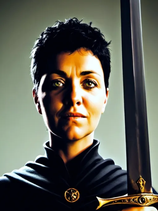 Prompt: A woman warrior. she has a full black, light, flexible clothes. she  has a black cloak or a cape that is very long. His eyes are bright yellow. she has a longsword which is also all black with engravings on it and it has cut marks indicating that it survived many battles. . she  keeps his sword in its sheate. Her is stoic and he is posed as such. Her skin is a little dark. The skin around his bright yellow eyes is darker. she is quite handsome and he around forty to fifty years old.. Her hair is kort. FRP art style.