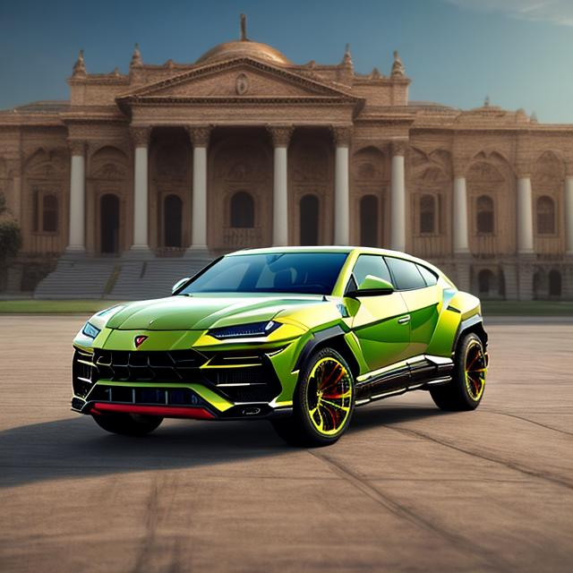 Prompt: beautiful  architecture building  design  with  realistic lamborghini  urus with red,yellow, green colors  32k resolution, multicolor , hyperrealistic, 3d render
